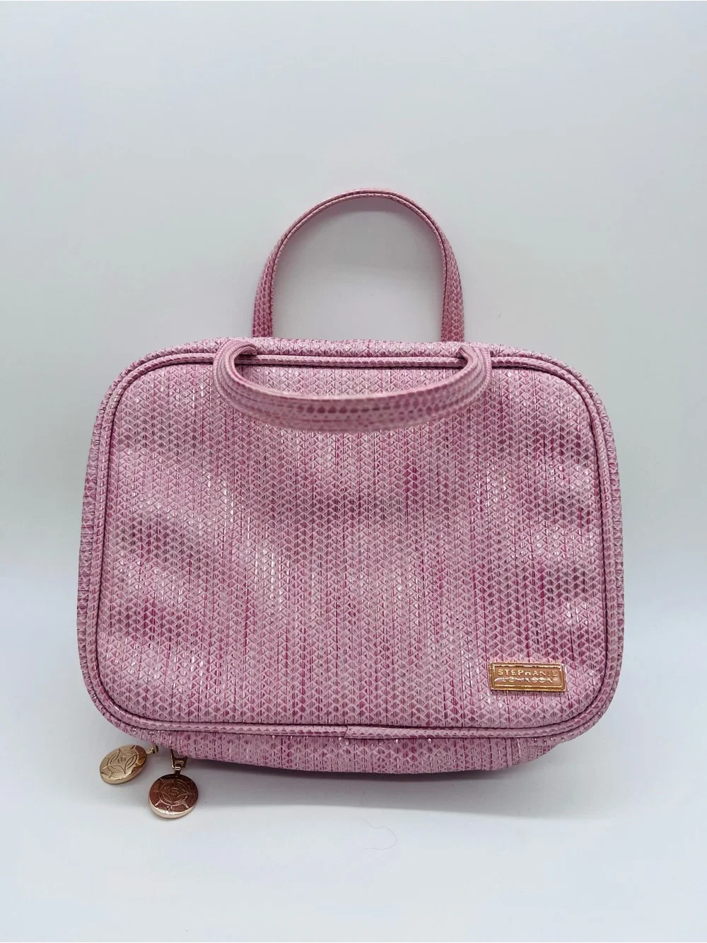 Stephanie Johnson Pink Textured Zip Around Laura Cosmetic Case with Top Handle